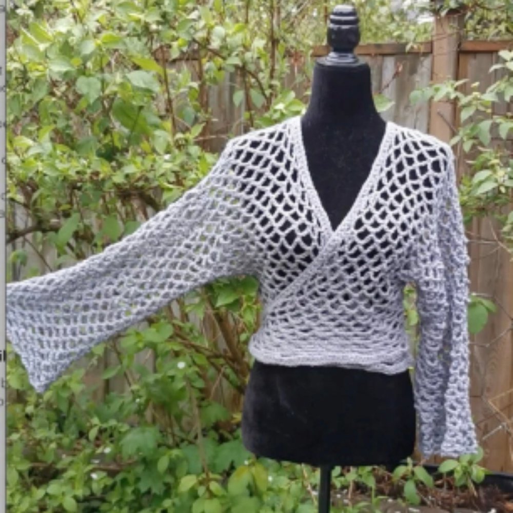 Ballet Wrap Top,  Crochet Mesh Shrug with Bell Sleeves